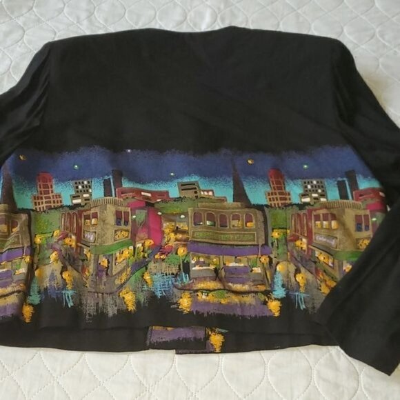 Karin Stevens Vintage Skyscraper Night Light Graphic Black Padded Sz 10 Pantsuit - Picture 5 of 16